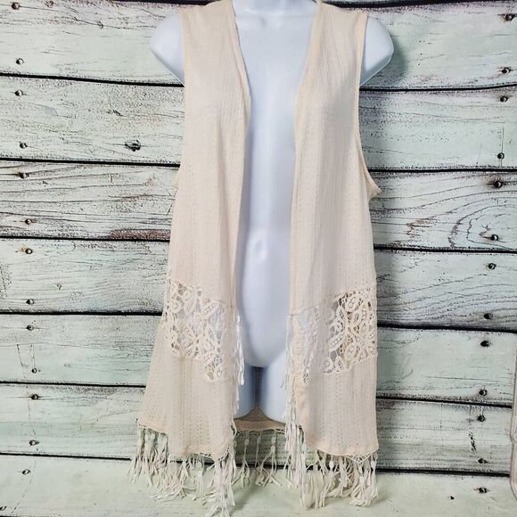 Vanity Cream Sleeveless Open Front Lace Fringe Vest Size L Boho Festival Cardiga - Picture 1 of 8